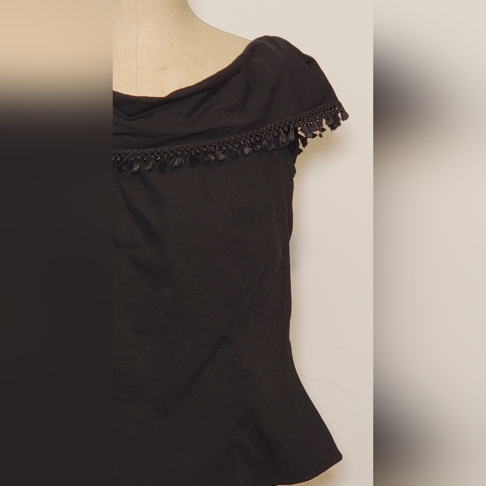 Black vintage cotton top with tassels. S/M.